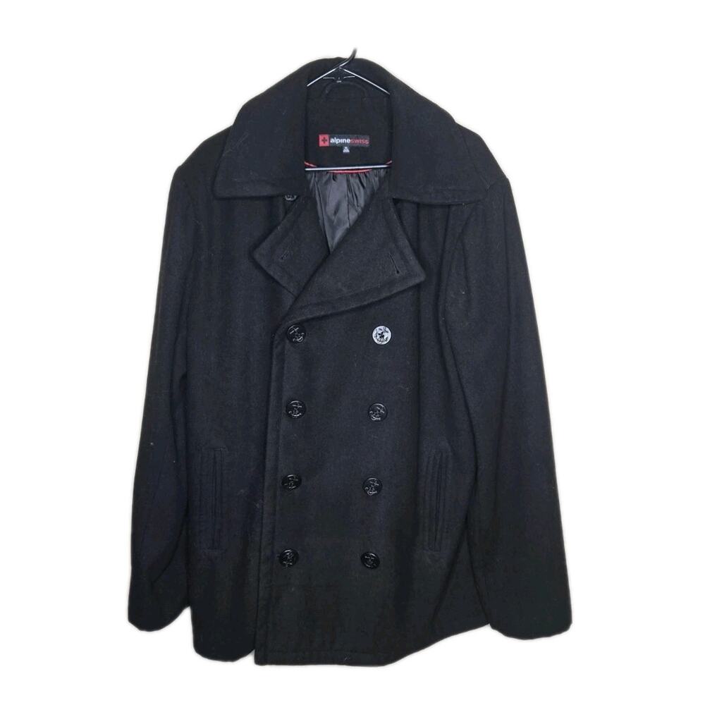 556. Alpine Swiss Men's 'Mason' Double-Breasted Pea Coat in Black Size XL